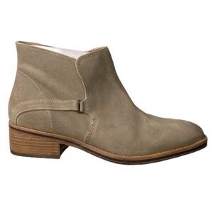 Diba True Caspian Suede Distressed Pull-On Bootie Low Stack Heel Square Toe Beig